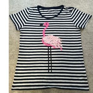 J.Crew Flamingo Collector Tee Striped Navy White Pink Sequin Graphic Shirt